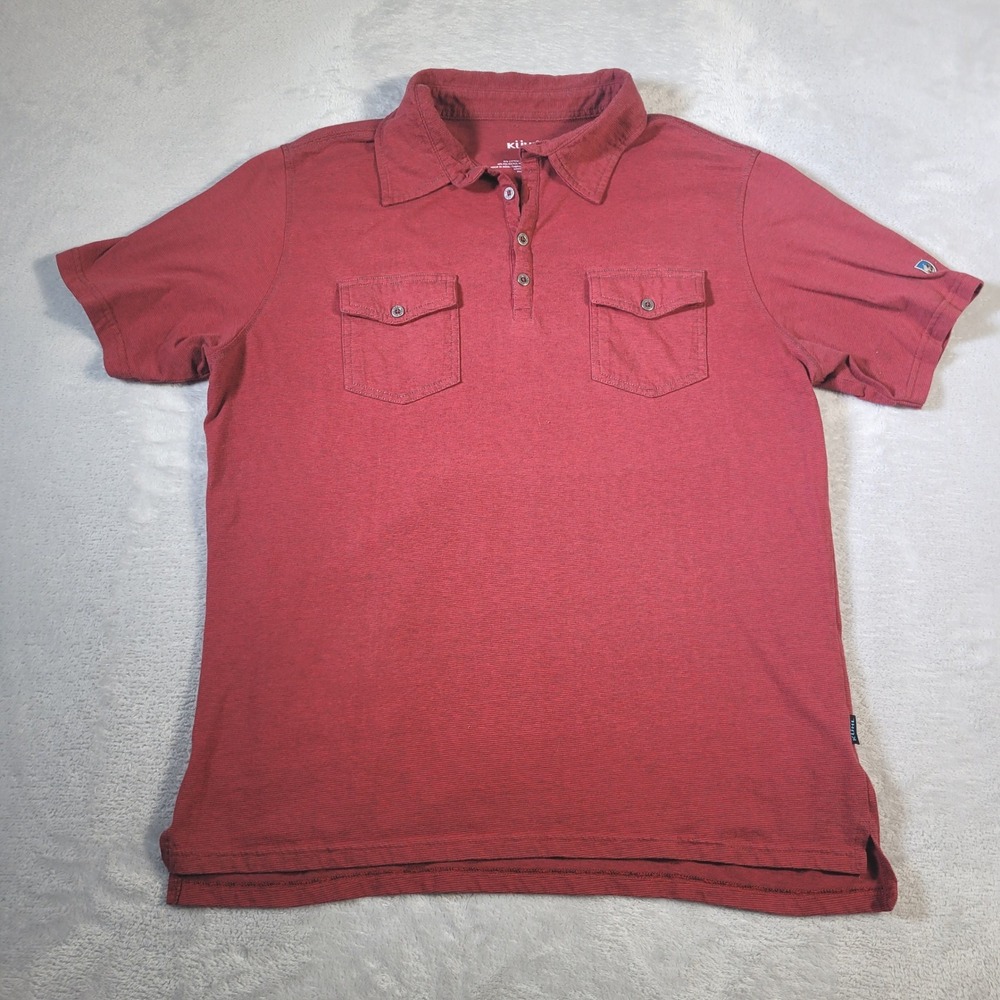KUHL Shirt Mens Large Red Micro Stripe Polo Dual Pocket Short Sleeve Outdoor